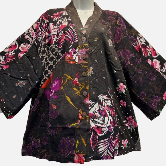 Nwt SACRED THREADS patch hippie boho funky rayon kimono TOP TUNIC 2X - Picture 1 of 3